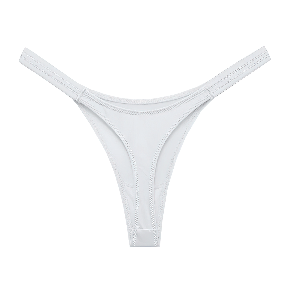 White low-rise G-string panties with a knit design, crafted from polyester, nylon, and spandex for a sleek fit. Stylish and versatile.